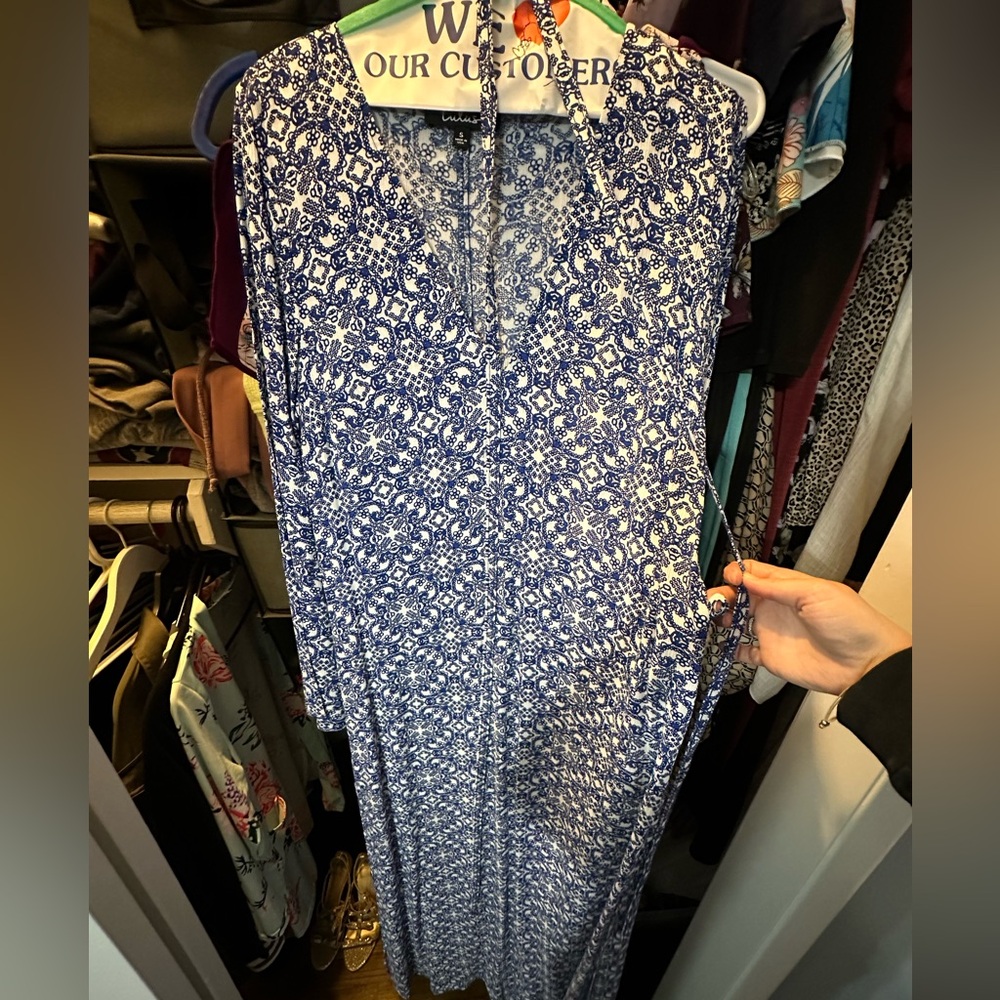 Lulu dress worn once blue and white maxi with bell sleeves and a waist belt